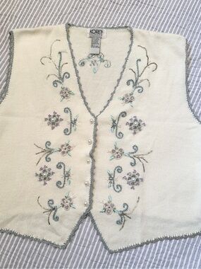Vintage Koret Ivory Cream Floral Beaded Embroidered Vest L petite